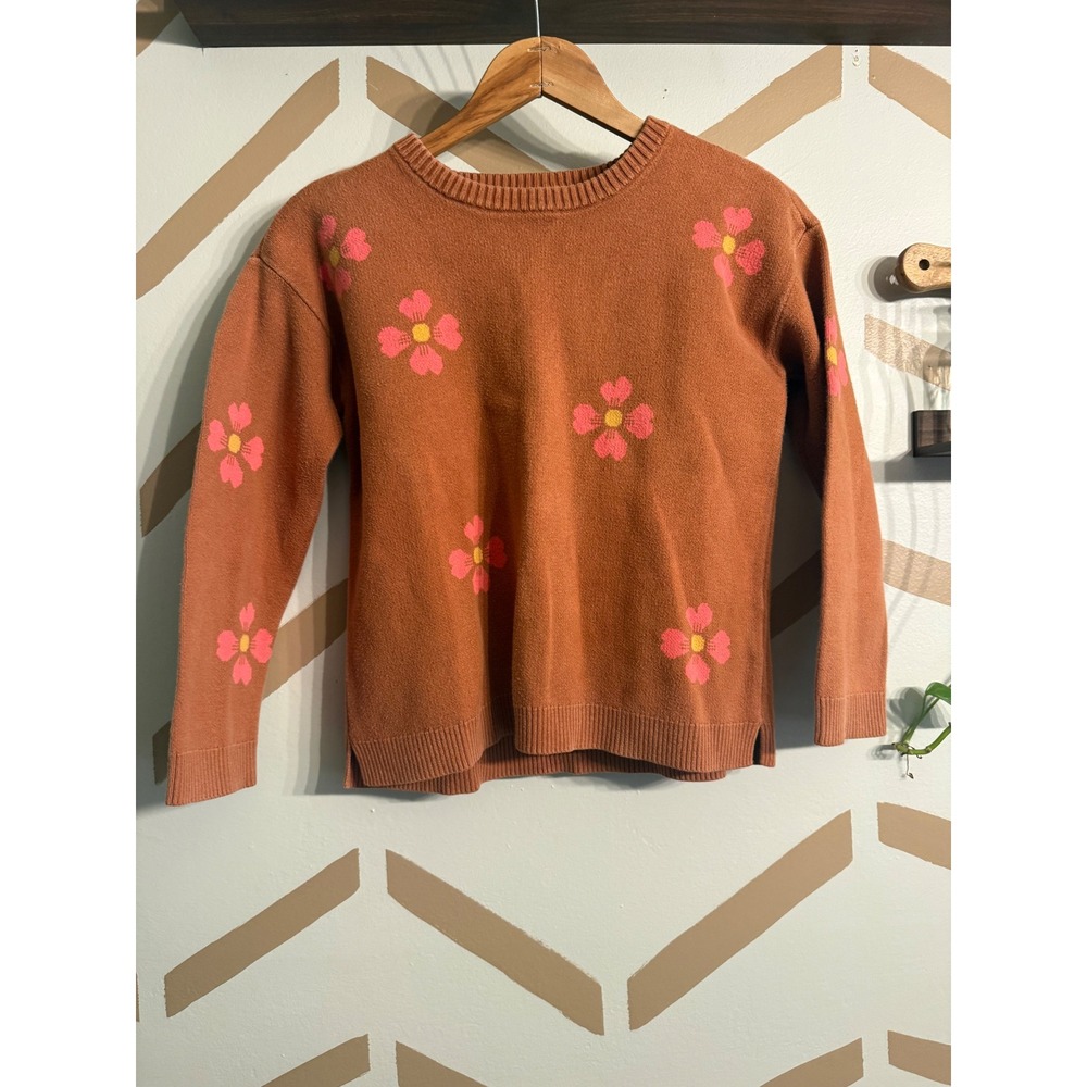 Hanna Andersson Floral Sweater Kids Size 10 Rust Orange Pink Flower Knit 140